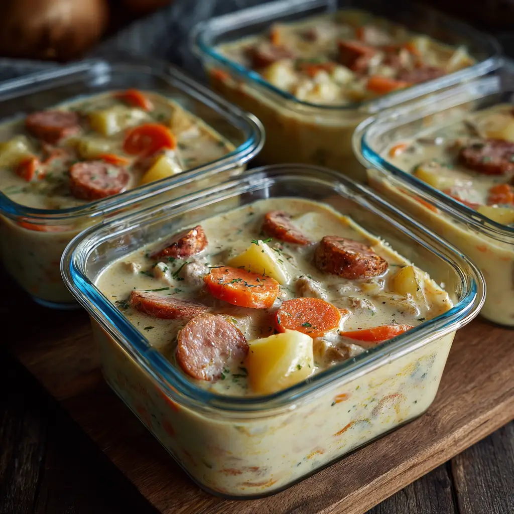 storing creamy sausage and potato stew in glass containers