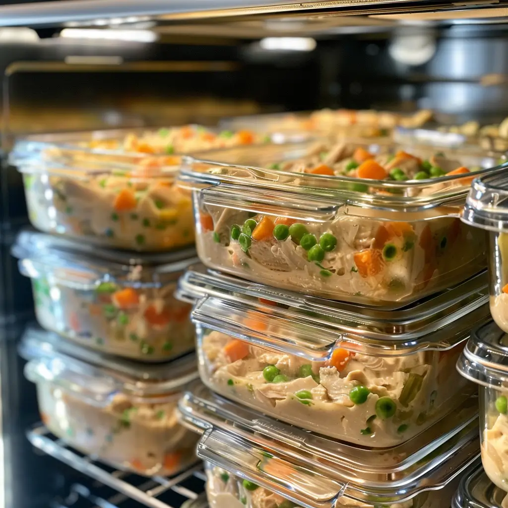 Containers of Slow Cooker Turkey Pot Pie Filling stored in fridge