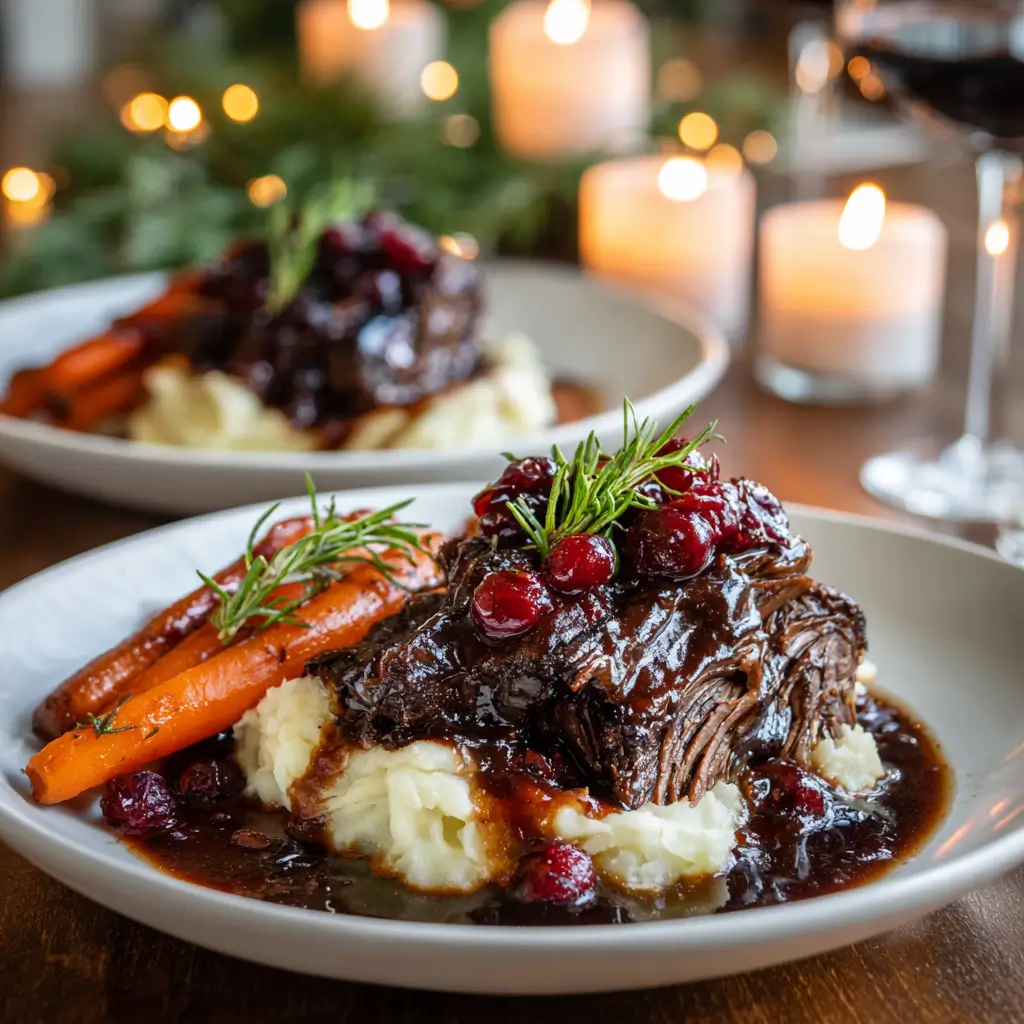 servings of crockpot cranberry balsamic beef roast on holiday table