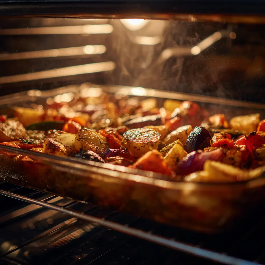 maple dijon roasted vegetables caramelizing in oven