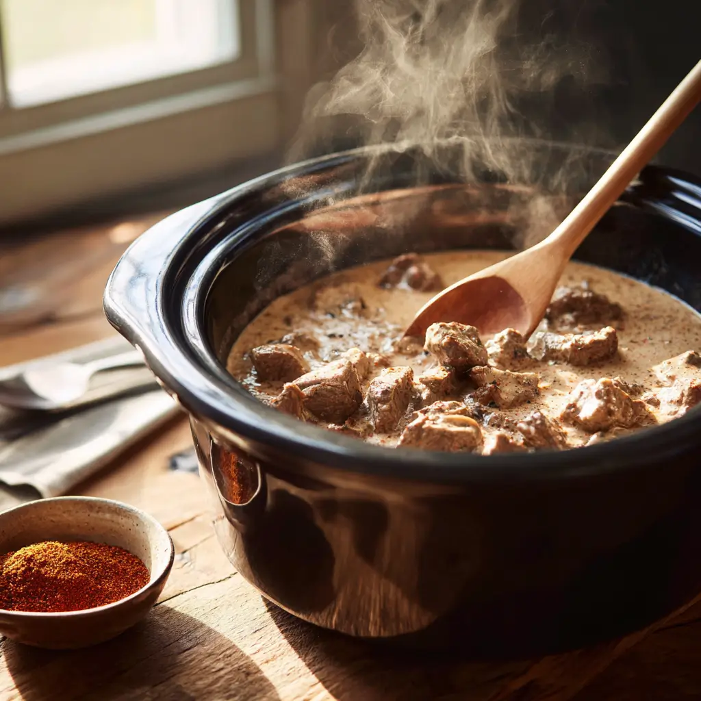 preparing beef stroganoff slow cooker creamy sauce