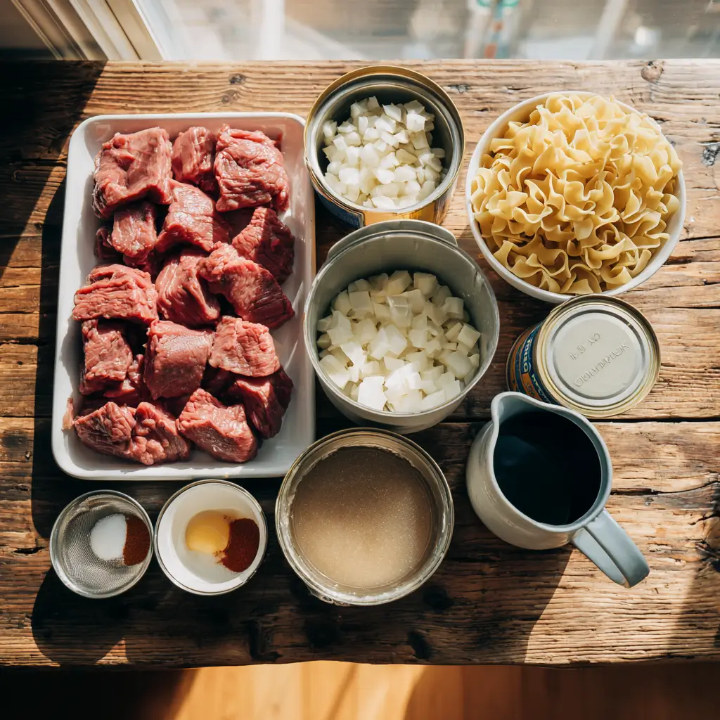 ingredients for beef stroganoff slow cooker overhead