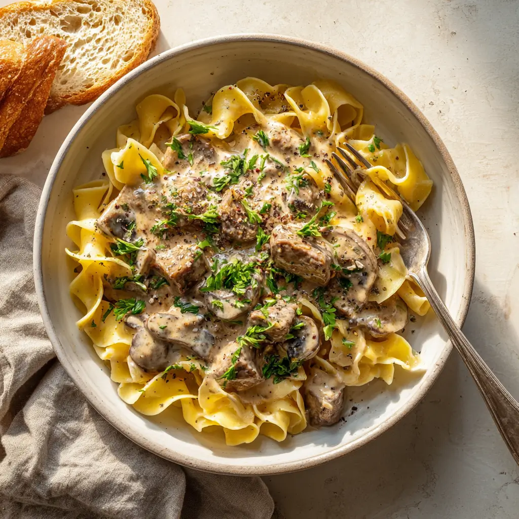 plated beef stroganoff slow cooker with egg noodles
