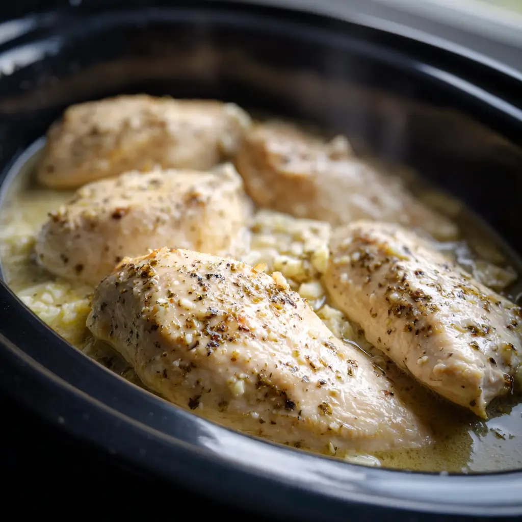 Creamy Garlic Chicken in the Crockpot cooking low and slow