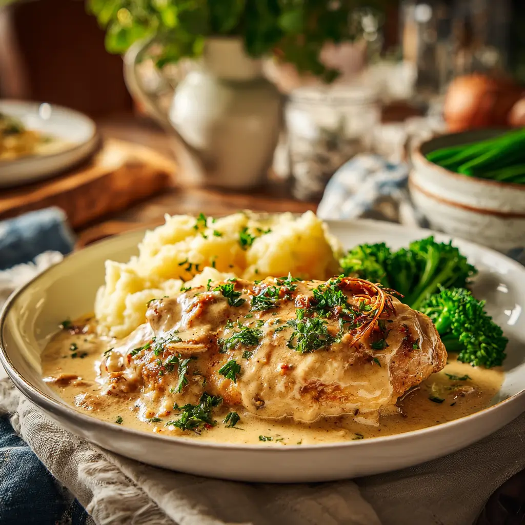 Creamy Garlic Chicken in the Crockpot served over mashed potatoes