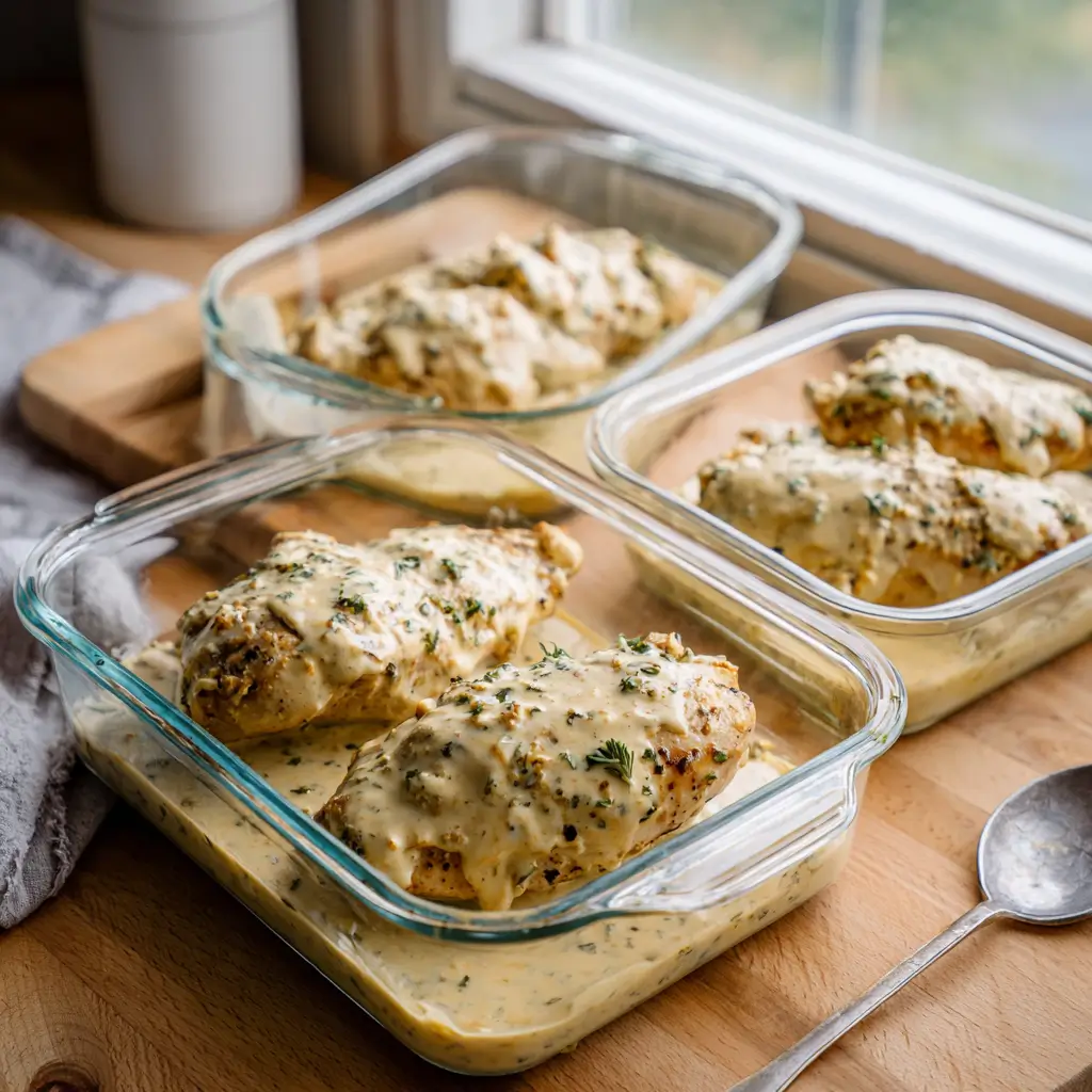 Creamy Garlic Chicken in the Crockpot stored for leftovers