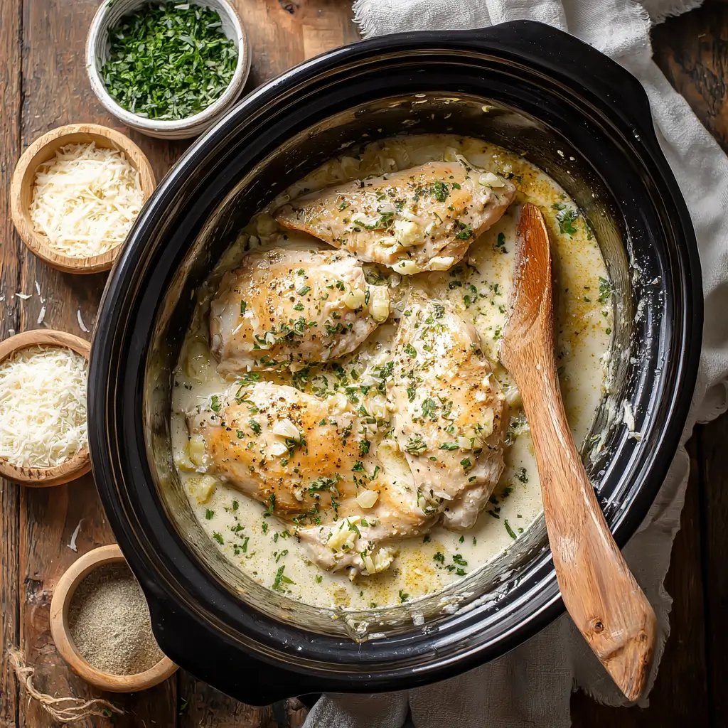 Garlic butter sauce simmering with chicken in the crockpot