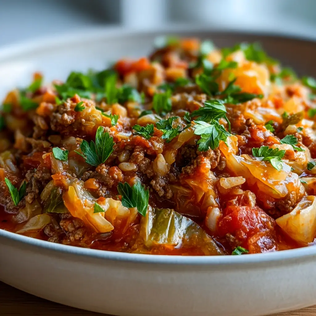 Crockpot Cabbage Roll Casserole served in a white bowl with parsley