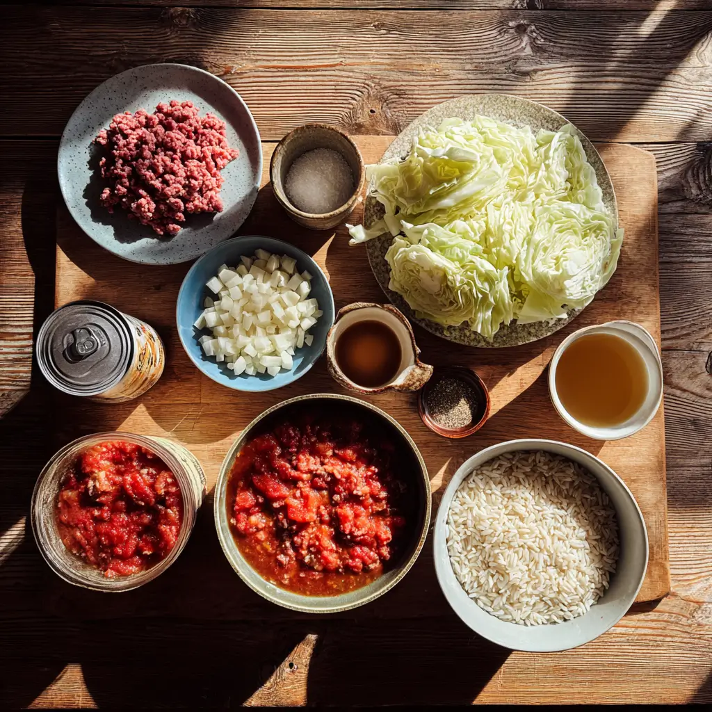 Ingredients for Crockpot Cabbage Roll Casserole arranged on a kitchen counter