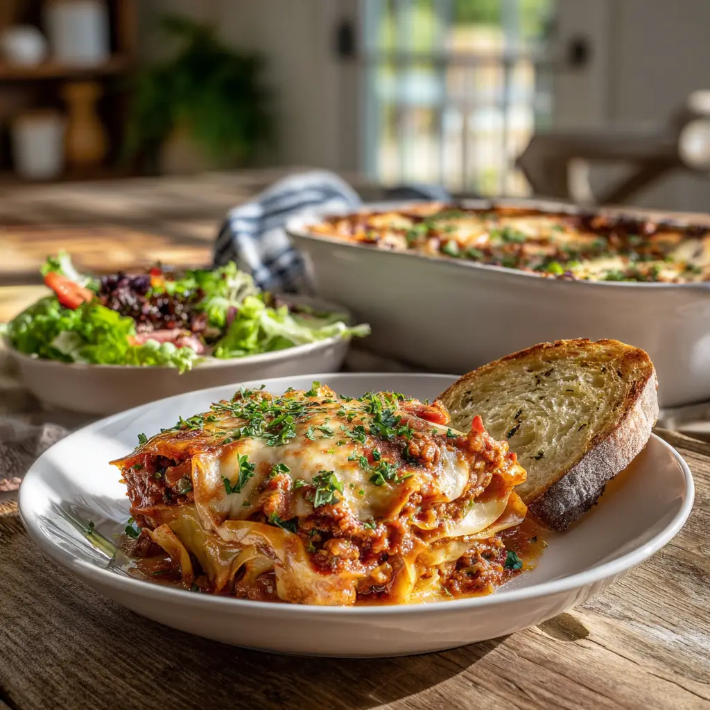 Crockpot Cabbage Roll Casserole served with bread and salad
