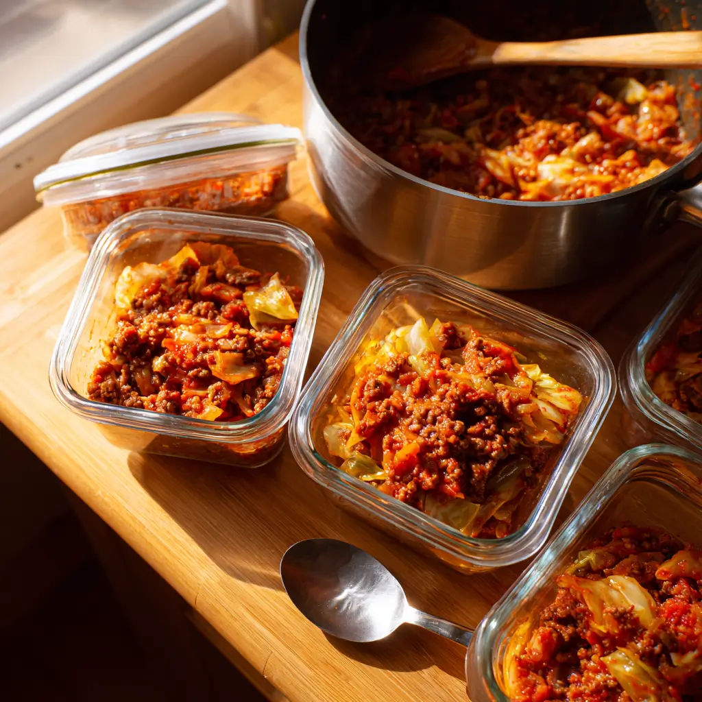 Storing Crockpot Cabbage Roll Casserole in glass containers