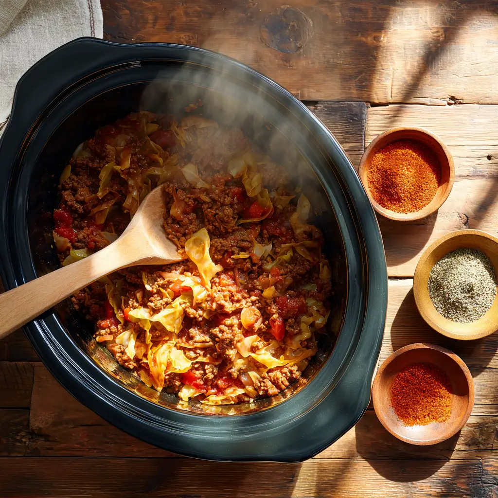 Stirring Crockpot Cabbage Roll Casserole in slow cooker