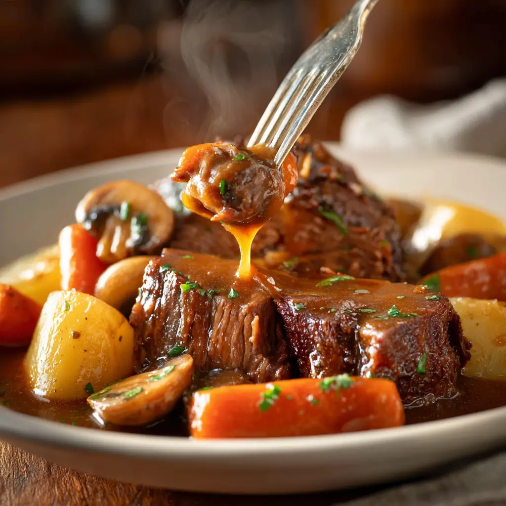 Fork-tender slow cooker beef chuck roast with mushrooms and vegetables close-up