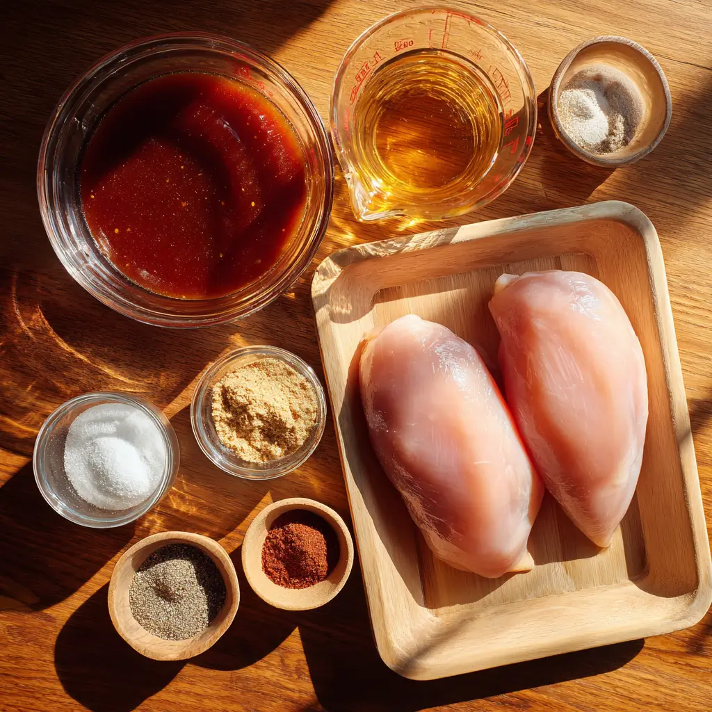 slow cooker bbq chicken breast ingredients overhead photo