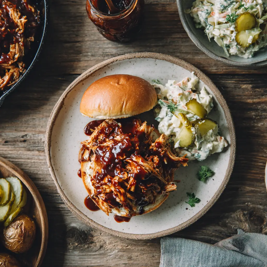 serving slow cooker bbq chicken breast on buns and rice
