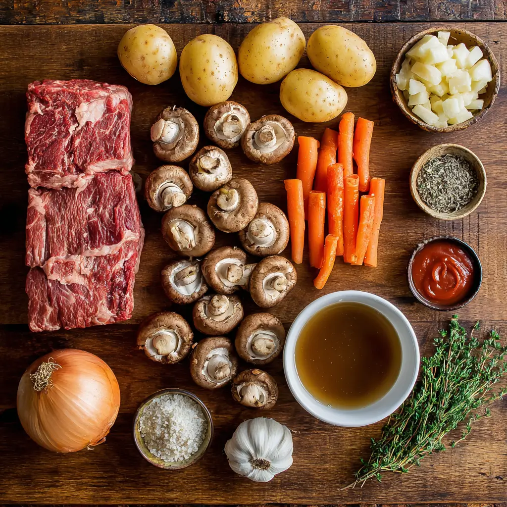 Ingredients for slow cooker beef chuck roast with mushrooms and vegetables