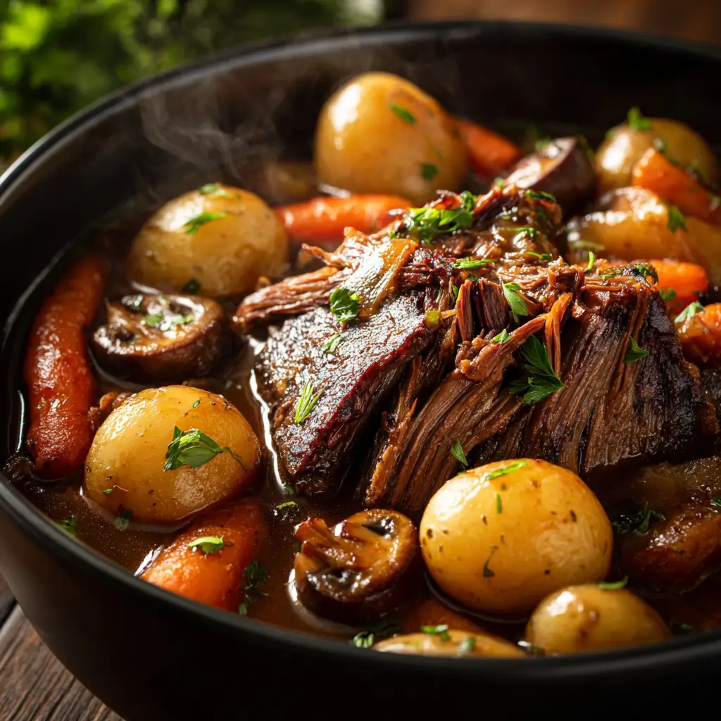 Serving slow cooker beef chuck roast with mushrooms and vegetables on a dinner table served.