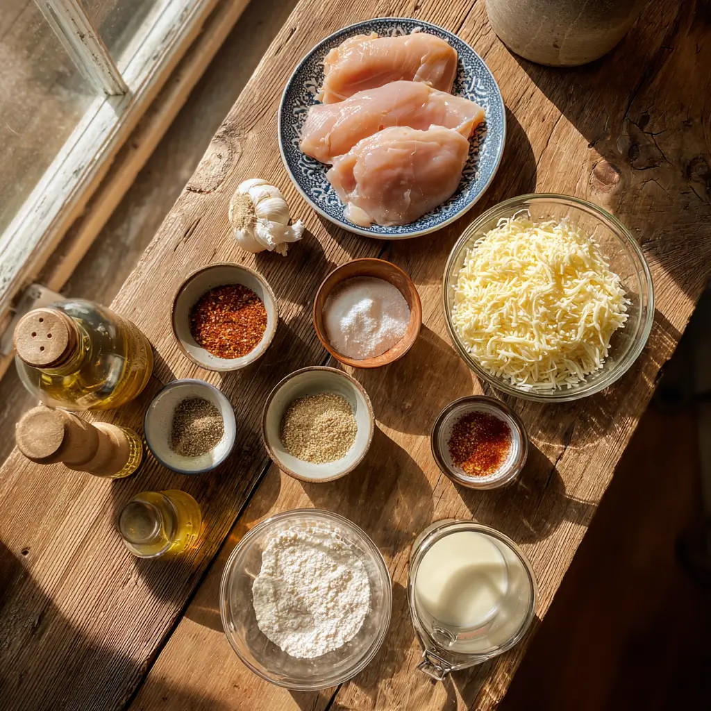 Ingredients for Slow Cooker Cheesy Garlic Chicken arranged on a kitchen counter