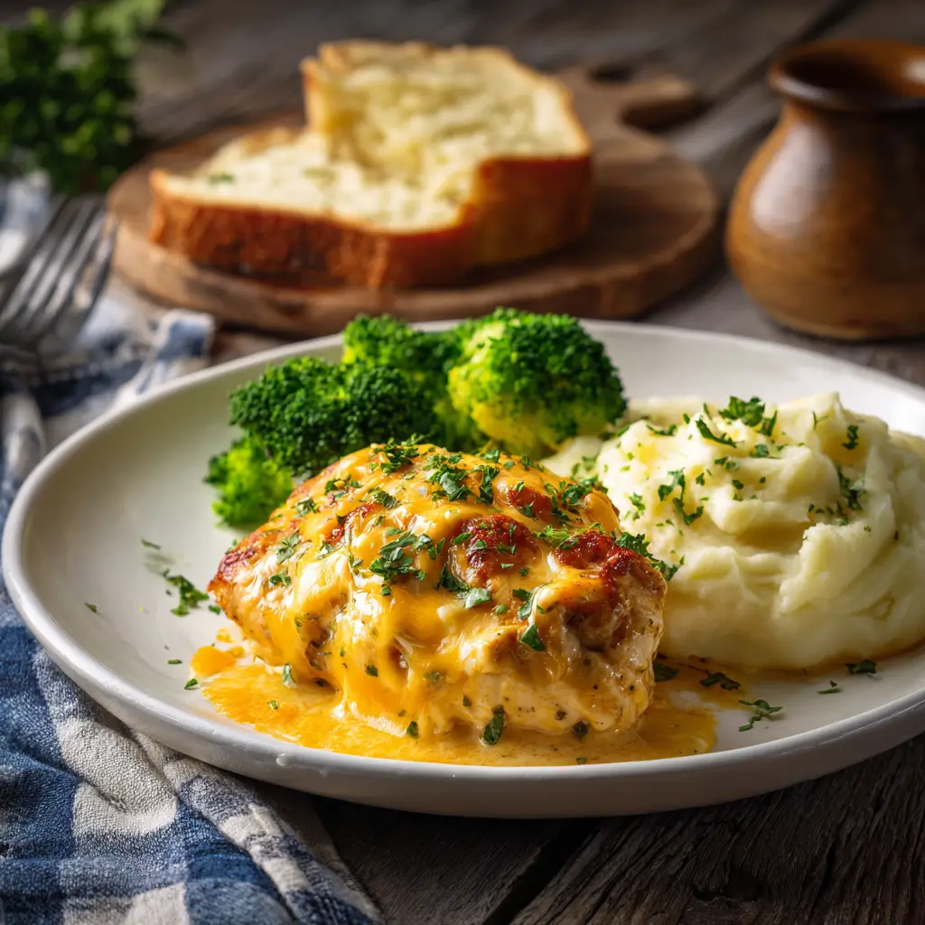 Slow Cooker Cheesy Garlic Chicken served with mashed potatoes and broccoli