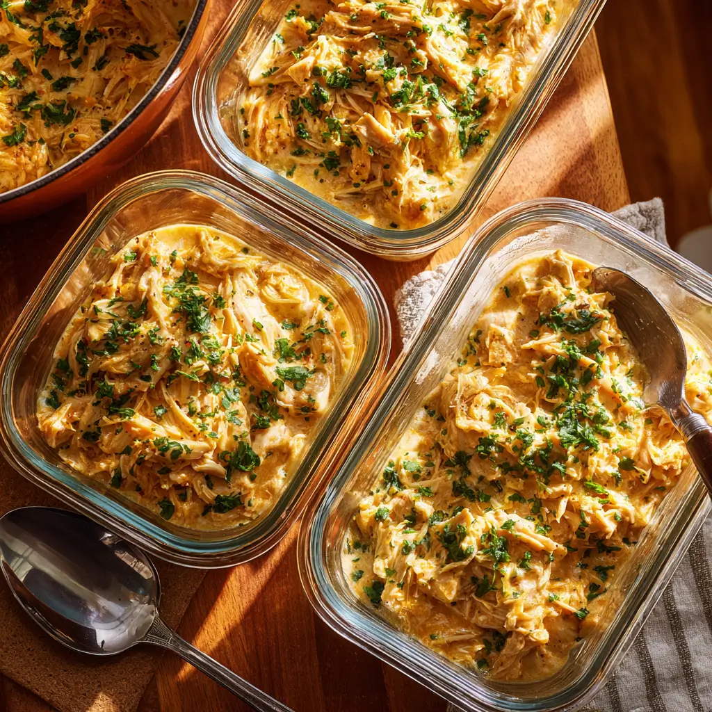Storing Slow Cooker Cheesy Garlic Chicken in glass containers