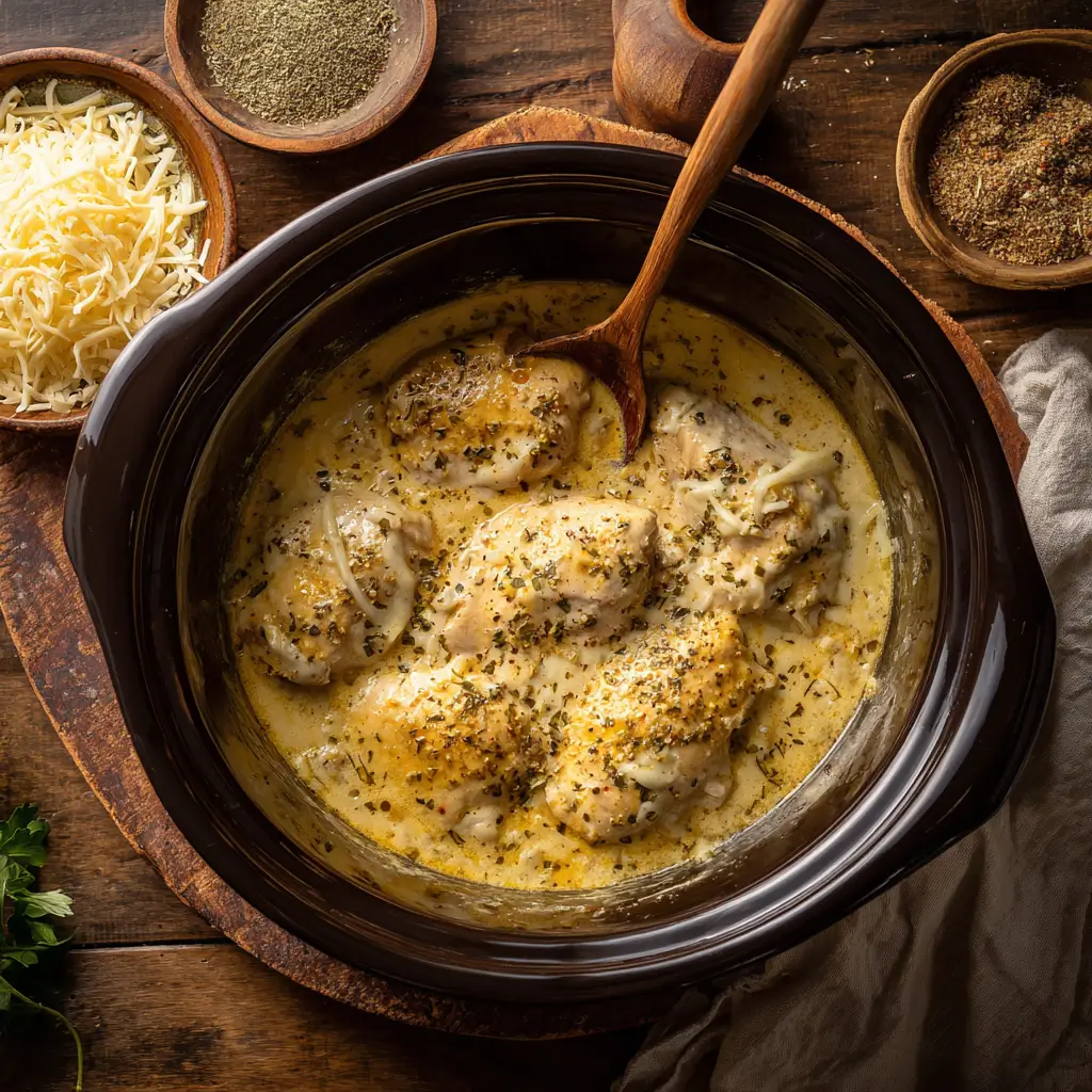 Stirring Slow Cooker Cheesy Garlic Chicken in a slow cooker