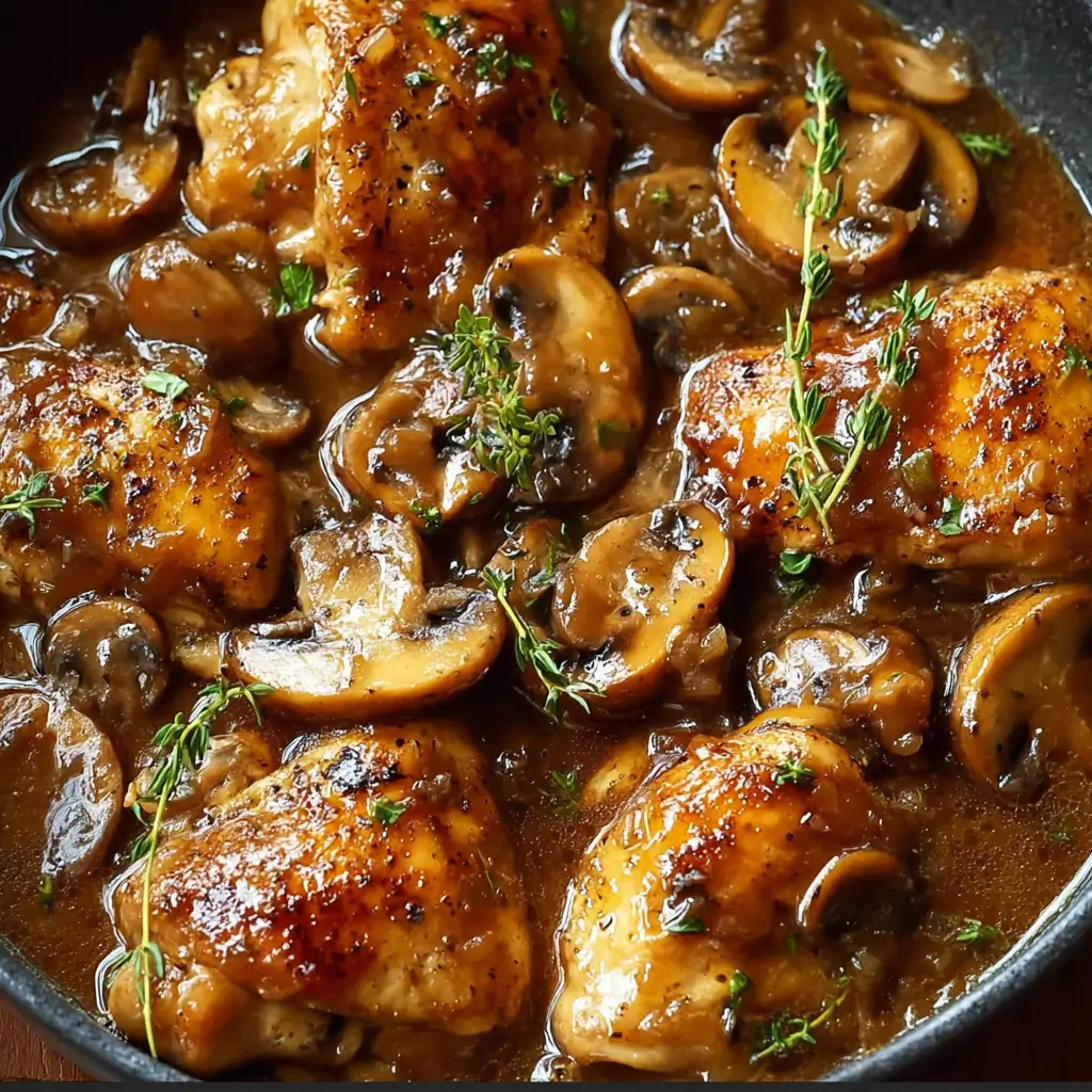 Final plated Slow Cooker Chicken Marsala topped with fresh parsley