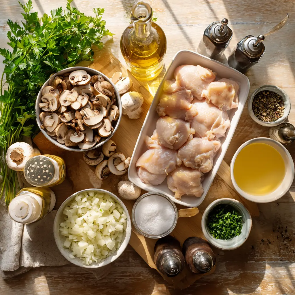 Overhead photo of Chicken Marsala ingredients arranged on a kitchen counter