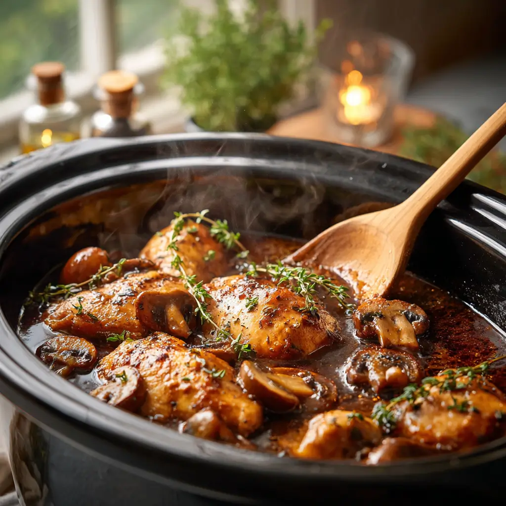 simmering slow cooker chicken marsala with mushrooms