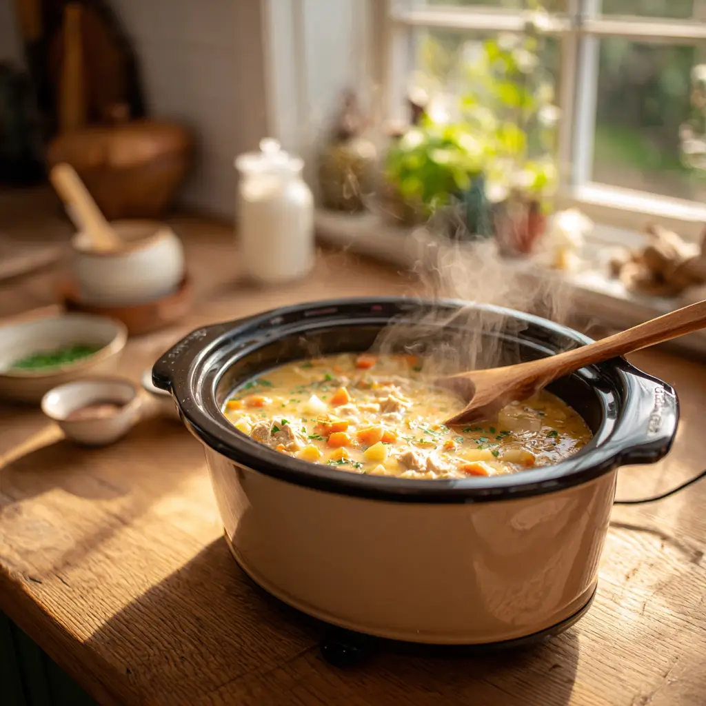Stirring creamy chicken pot pie soup in the slow cooker