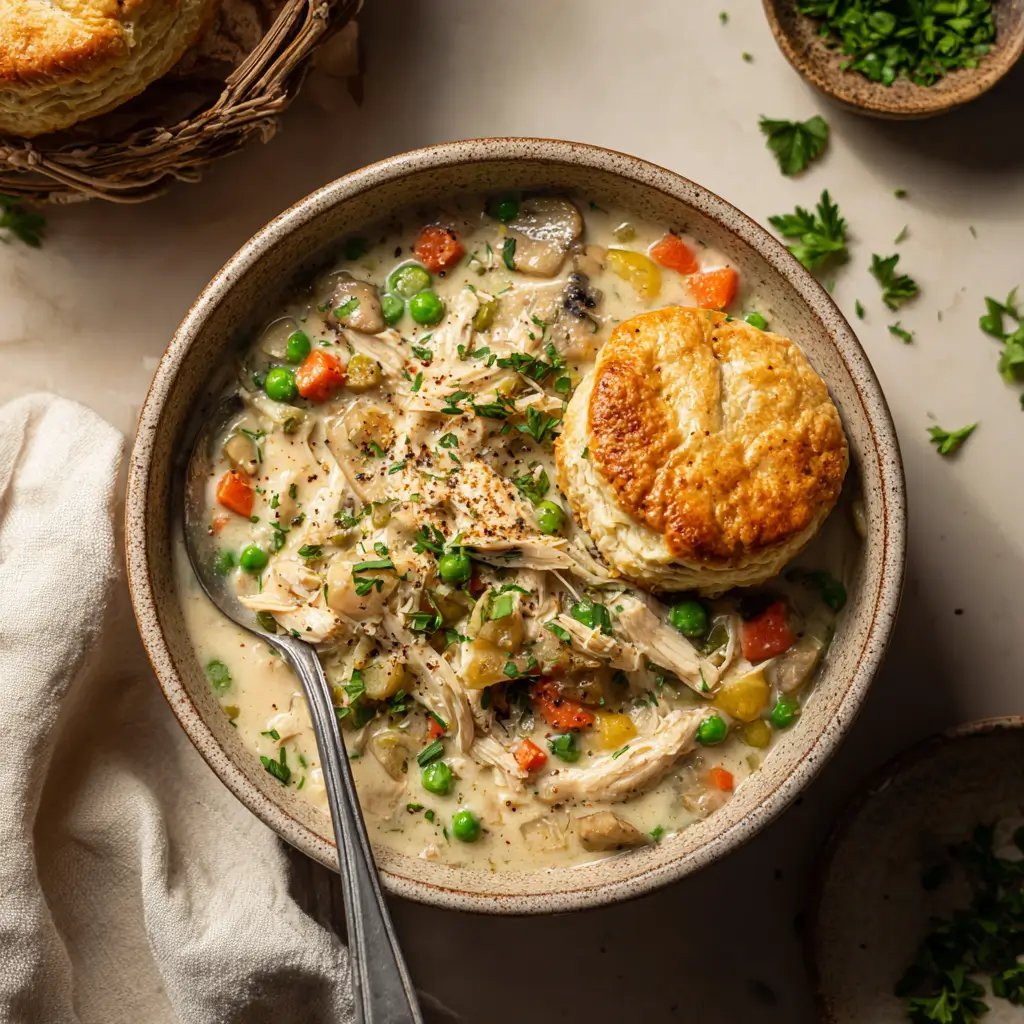 bowl of slow cooker chicken pot pie soup with biscuit