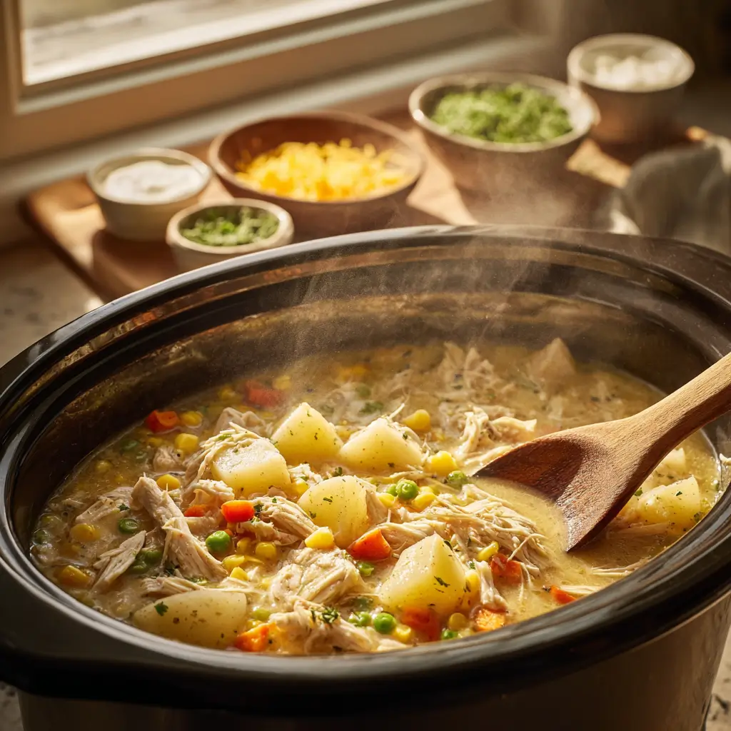 simmering slow cooker chicken pot pie soup with steam