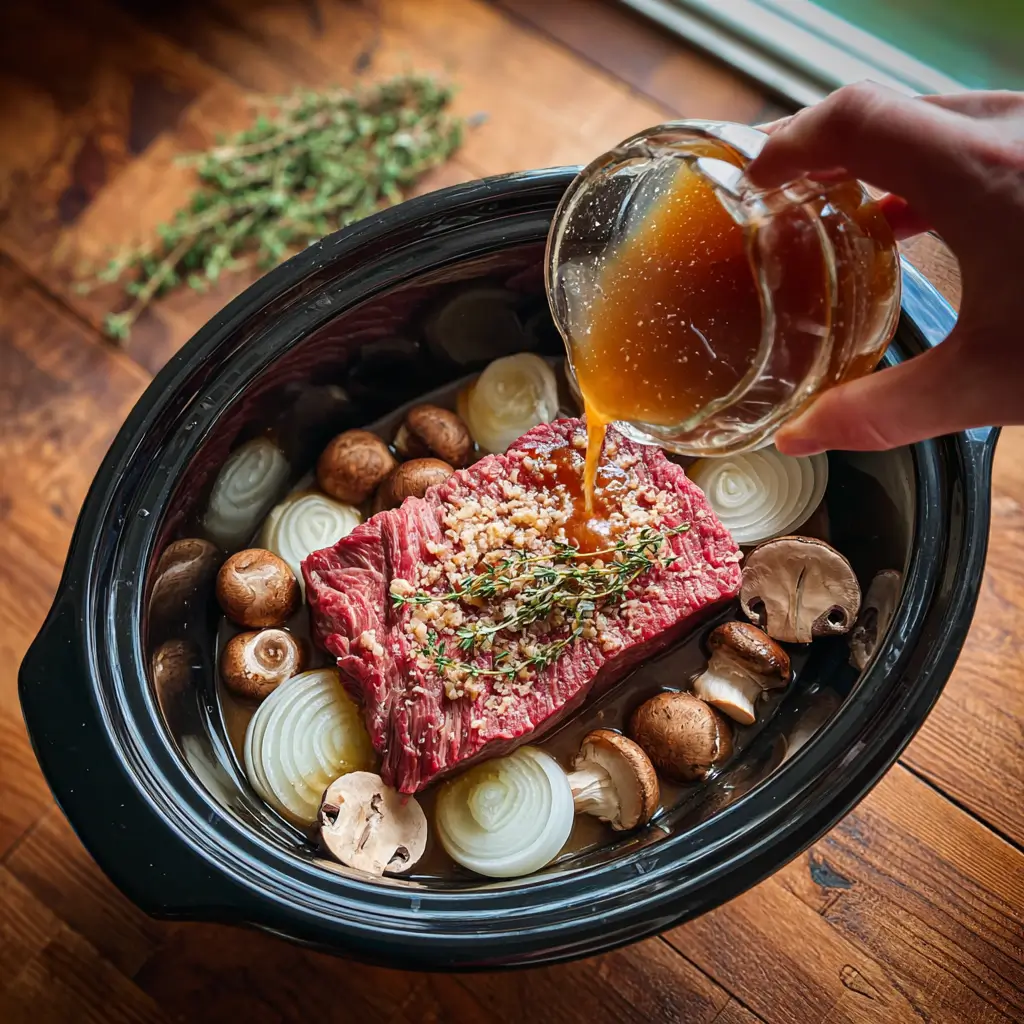 Ingredients for Slow Cooker French Onion Mushroom Pot Roast including beef, onions, mushrooms, and thyme
