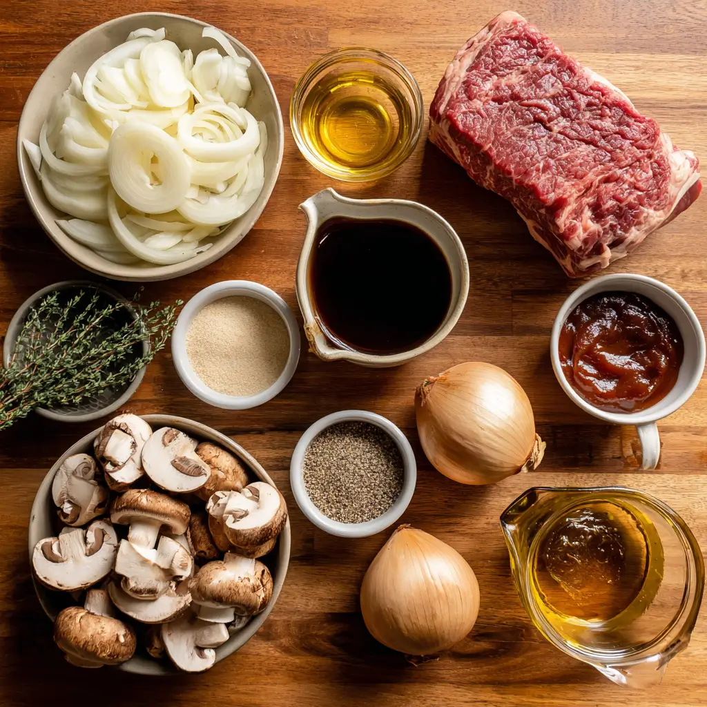 Slow Cooker French Onion Mushroom Pot Roast served with caramelized onions, mushrooms, and mashed potatoes