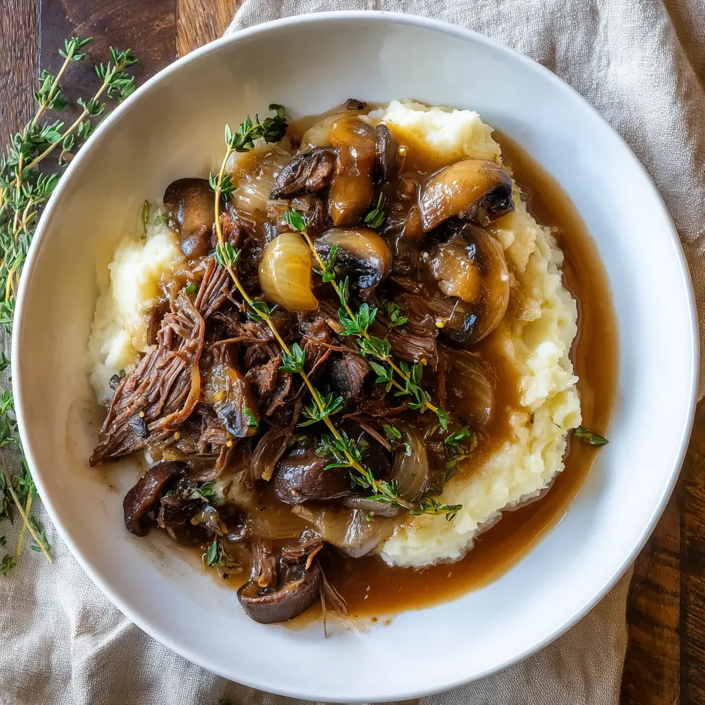 Slow Cooker French Onion Mushroom Pot Roast served over mashed potatoes with rich onion gravy
