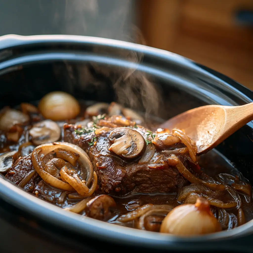 Preparing Slow Cooker French Onion Mushroom Pot Roast with beef, onions, and mushrooms before cooking