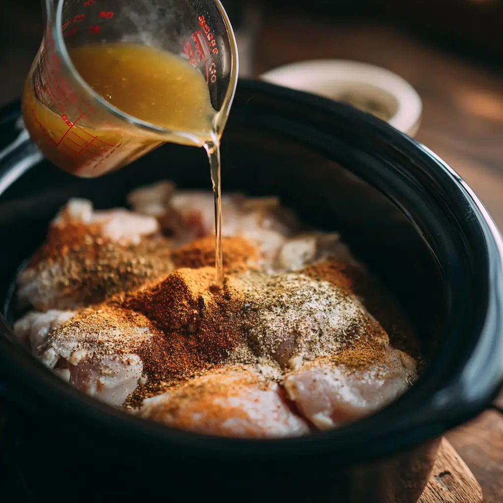 Ingredients for Slow Cooker Pulled Chicken including chicken, broth, and spices