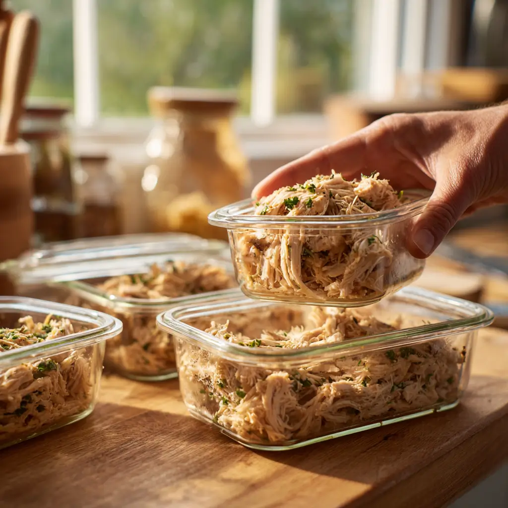 Leftover Slow Cooker Pulled Chicken stored in glass containers for meal prep