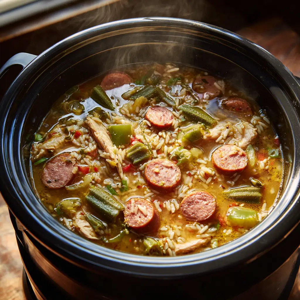 Slow Cooker Swamp Soup simmering with sausage and chicken
