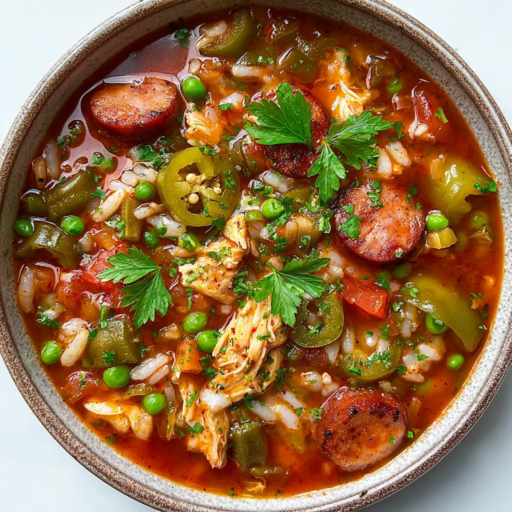 Slow Cooker Swamp Soup served in a rustic bowl with sausage and okra