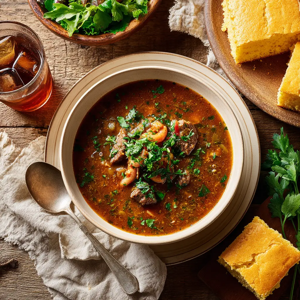 Bowl of Slow Cooker Swamp Soup served with cornbread and salad