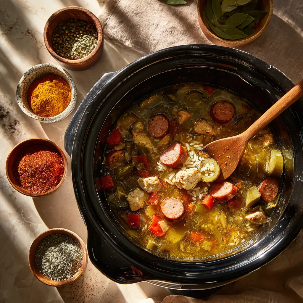 Cooking Slow Cooker Swamp Soup with sausage and vegetables