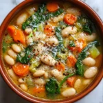 Tuscan White Bean Soup filled with beans, vegetables, and spinach topped with parmesan