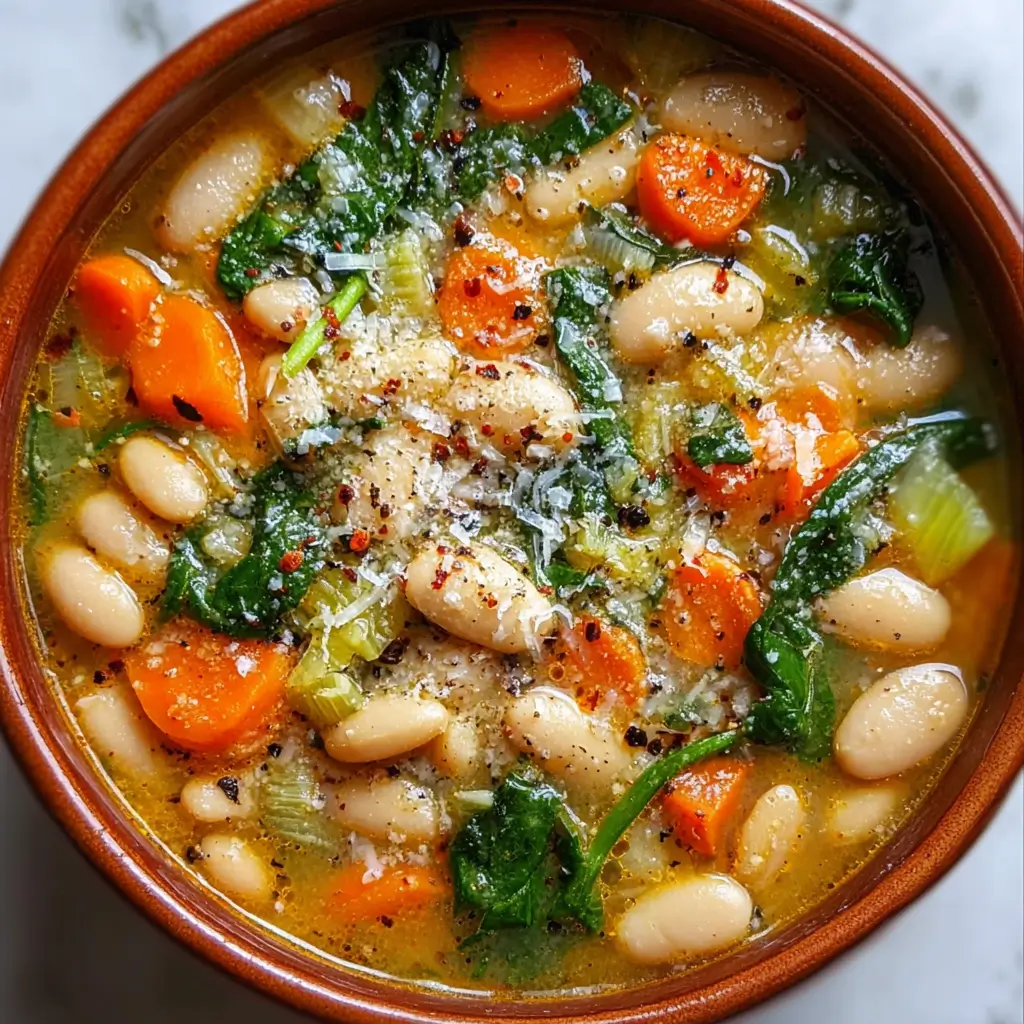 Tuscan White Bean Soup filled with beans, vegetables, and spinach topped with parmesan