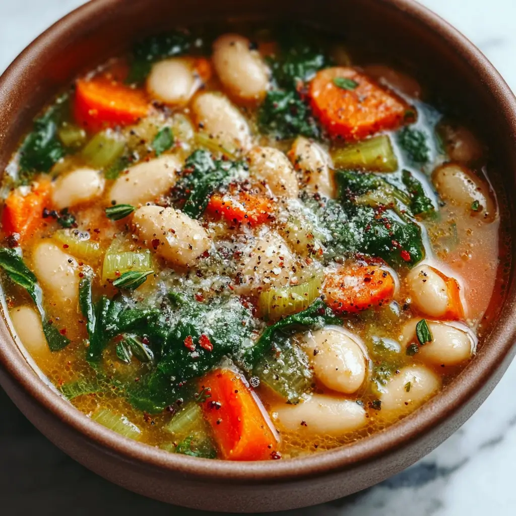 Tuscan White Bean Soup with cannellini beans, vegetables, and parmesan served warm