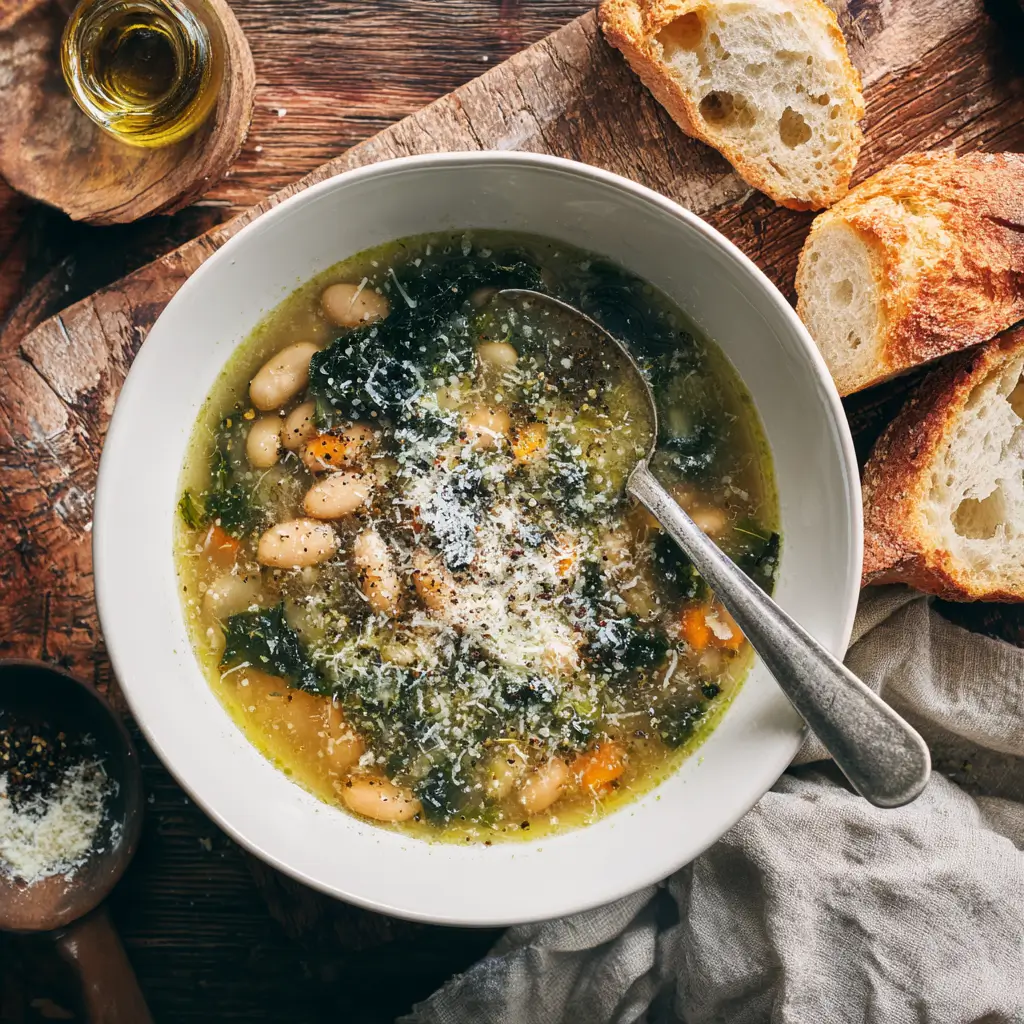 Tuscan White Bean Soup simmering in the slow cooker with beans and herbs