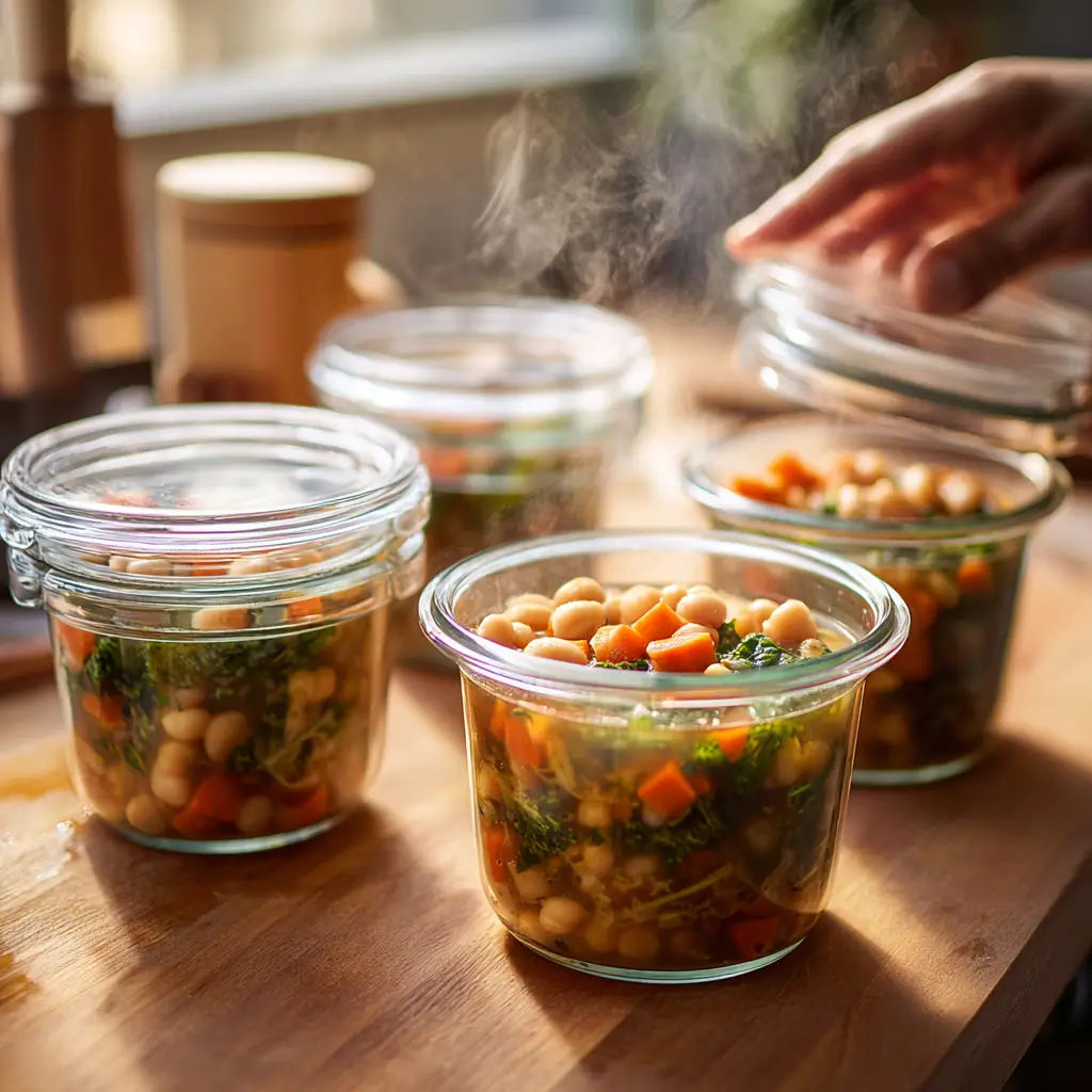 Leftover Tuscan White Bean Soup stored in glass containers for reheating