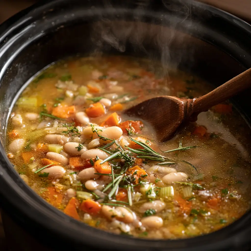 Preparing Tuscan White Bean Soup with beans, vegetables, and herbs in the slow cooker