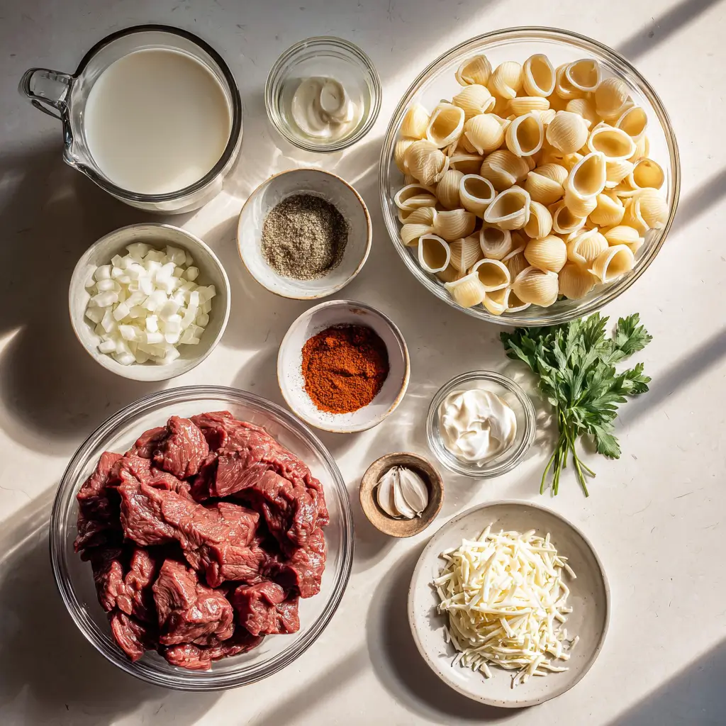 Ingredients for Creamy Paprika Steak Shells in the crockpot