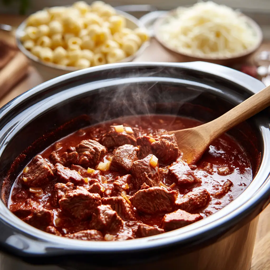 Steak cooking in creamy paprika sauce in slow cooker