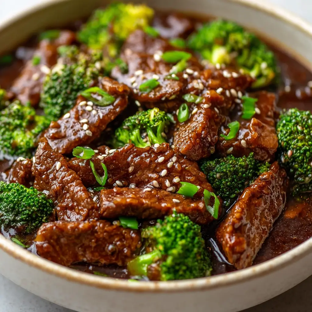 slow cooker beef and broccoli with glossy soy sauce and sesame seeds